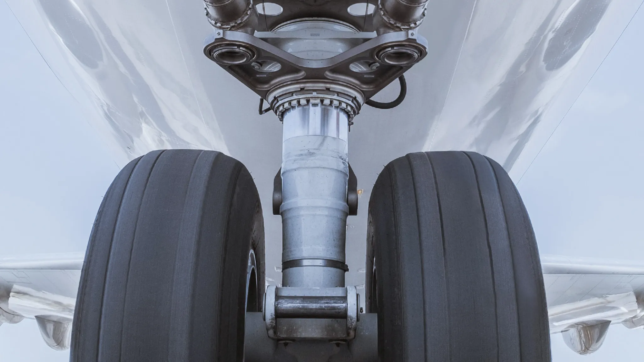 Aerospace – landing gear Close-up of aircraft landing gear and tires